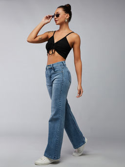 DOLCE CRUDO - Women's Blue Solid Wide High Waist Jeans
