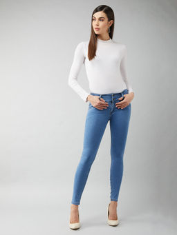 DOLCE CRUDO - Women's Blue Solid Skinny Mid Waist Jeans