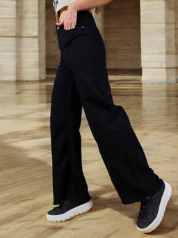 DOLCE CRUDO - Womens Black High Rise Regular Length Stretchable Wide Leg Denim Jeans