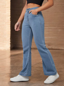 DOLCE CRUDO - Womens Light Blue Wide High Rise Regular Stretchable Denim Jeans