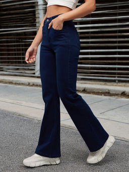 DOLCE CRUDO - Womens Navy Blue Bootcut High Rise Stretchable Shaping Denim Jeans