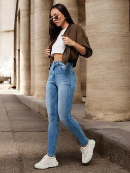 DOLCE CRUDO - Womens Light Blue Slim Fit High Rise Light Wash Denim Stretchable Jeans