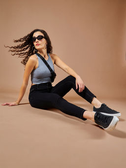 DOLCE CRUDO - Womens Black High Rise Regular Stretchable Denim Jeans