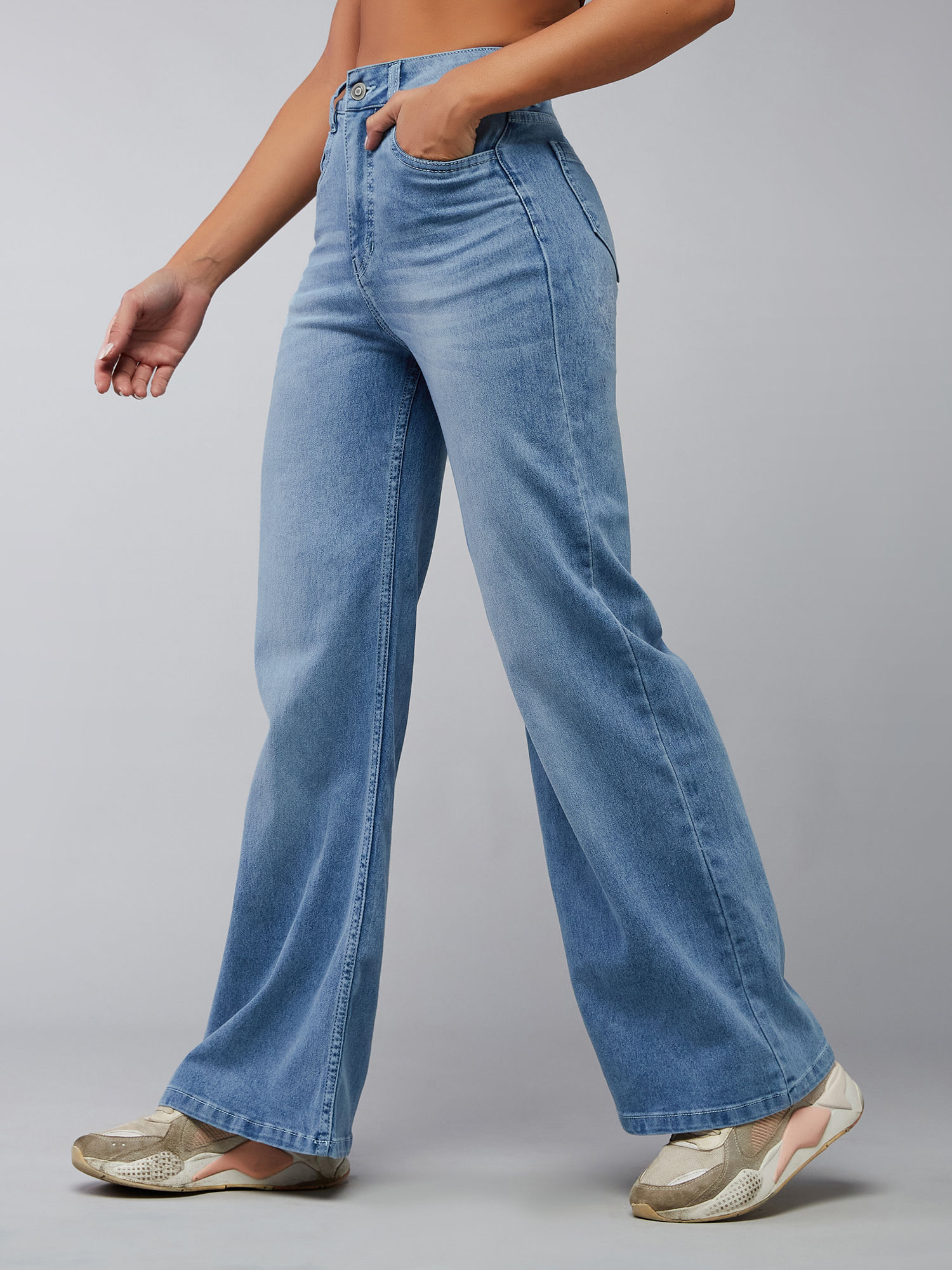 dolce crudo Light Blue Wide Leg High Rise Stretchable Denim Jeans-picture-14