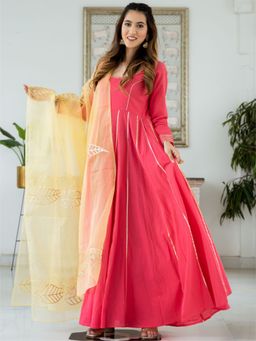 Lavanya The Label - Pink Cotton Flared Anarkali With Dupatta (Set of 3)