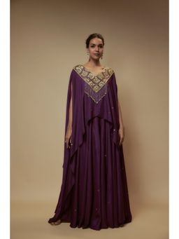 KEITH GOMES - Purple Silk Flare Palazzo With Cape Top And Slip (Set of 3)