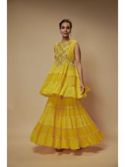 KEITH GOMES - Yellow Chiffon Crepe Tier Sharara With Top And Slip (Set of 3)