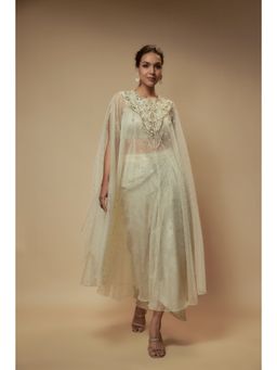 KEITH GOMES - Ivory Organza Cape With Drape Skirt And Blouse (Set of 3)