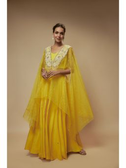 KEITH GOMES - Yellow Organza Cape With Blouse And Palazzo (Set of 3)