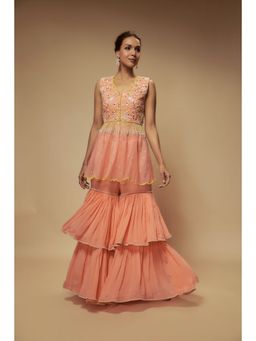 KEITH GOMES - Peach Organza Peplum Top With Sharara (Set of 2)