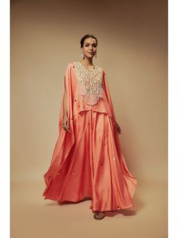 KEITH GOMES - Peach Silk Flare Palazzo With Top And Slip (Set of 3)