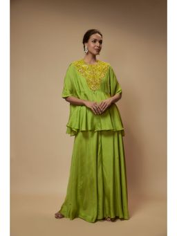 KEITH GOMES - Green Silk Flare Palazzo With Top And Slip (Set of 3)