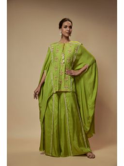 KEITH GOMES - Green Silk Flare Palazzo With Cape Style Top (Set of 2)