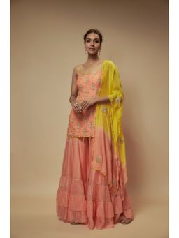 KEITH GOMES - Peach Silk Organza Sharara With Kurti And Dupatta (Set of 3)