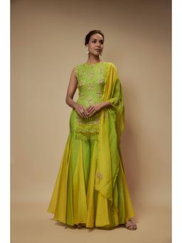 KEITH GOMES - Green Silk Organza Top With Sharara And Dupatta (Set of 3)