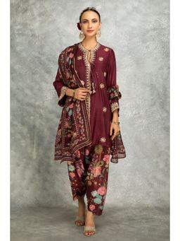 Tanu Malhotra - Wine Mirror Embroidered Kurta with Salwar and Dupatta (Set of 3)