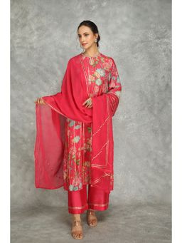 Tanu Malhotra - Hot Pink Printed Kurta with Pant and Dupatta (Set of 3)