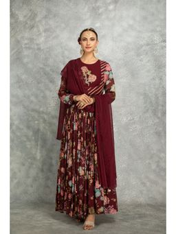 Tanu Malhotra - Maroon Anarkali with Churidar and Dupatta (Set of 3)