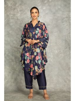 Tanu Malhotra - Blue Printed High Low Kurta with Pant (Set of 2)