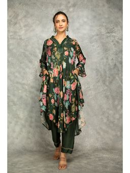 Tanu Malhotra - Forest Green Printed High Low Kurta with Pant (Set of 2)