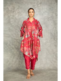 Tanu Malhotra - Hot Pink Printed High Low Kurta with Pant (Set of 2)