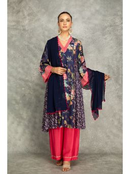 Tanu Malhotra - Blue Side Panel Buti Kurta with Palazzo and Dupatta (Set of 3)