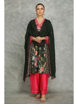 Tanu Malhotra - Green Side Panel Buti Kurta with Palazzo and Dupatta (Set of 3)