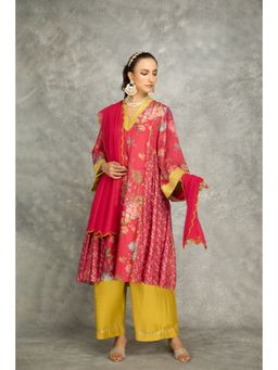 Tanu Malhotra - Hot Pink Side Panel Buti Kurta with Palazzo and Dupatta (Set of 3)