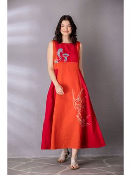 Tanu Malhotra - Burnt Orange Cotton Linen Embroidered Dress
