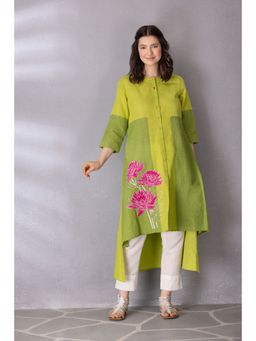 Tanu Malhotra - Lime Green Cotton Linen Embroidered High-Low Kurta with Pant (Set of 2)