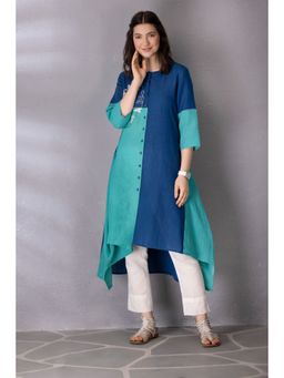Tanu Malhotra - Blue Cotton Linen Embroidered Kurta with Pant (Set of 2)