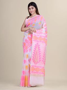 LAA CALCUTTA - White & Pink Cotton Silk Hand Woven Traditional Saree Without Blouse Piece