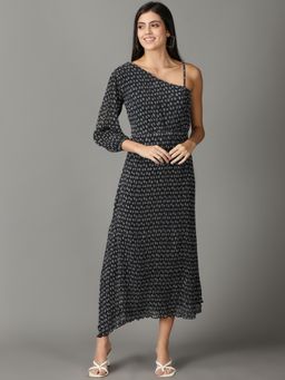 SHOWOFF - Womens Printed Asymmetric Neck Black Maxi Dress