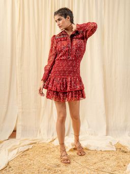 LABEL REYYA - Dark Red Smocked Shirt Dress (Set of 2)