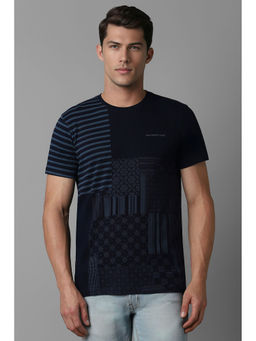 Louis Philippe - Men Navy Blue Patterned Crew Neck T-Shirt