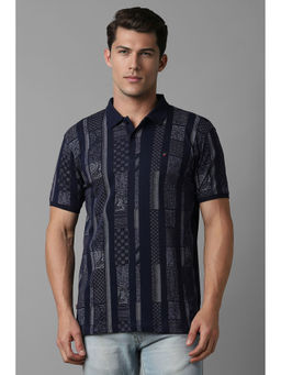 Louis Philippe - Men Navy Blue Print Polo Neck T-Shirt