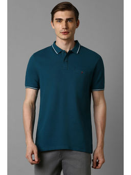 Louis Philippe - Men Blue Textured Polo Neck T-Shirt