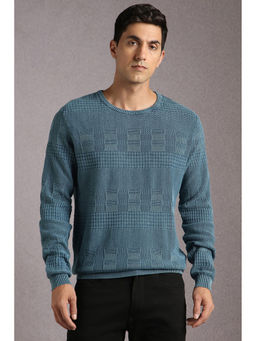Louis Philippe - Men Blue Textured Crew Neck Full Sleeves Sweater