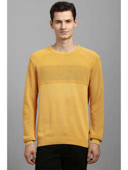 Louis Philippe - Men Yellow Textured Crew Neck Full Sleeves Sweater