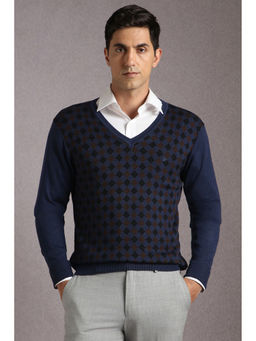 Louis Philippe - Men Navy Blue Print V Neck Full Sleeves Sweater