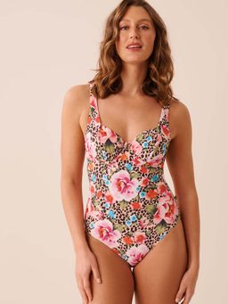 La Vie En Rose - Floral Leopard Plunge One-Piece Swimsuit