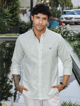 Perch - Green Striped Slim Fit Linen Shirt