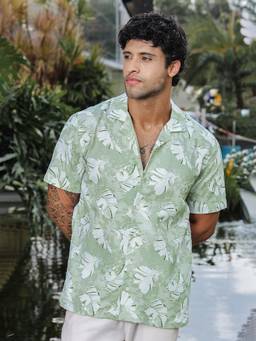 Perch - Light Green Printed Rayon Shirt