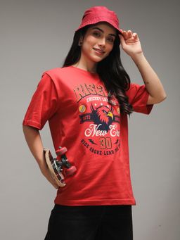 DILLINGER - Women Red Oversized Short Sleeve Printed T-shirt