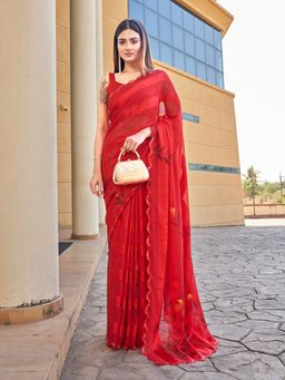 Tikhi Imli - Red Colored Polyester Saree with Hand Print and Scalloped Border with Unstitched Blouse