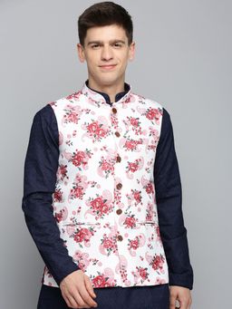 SHOWOFF - Mens Printed White Polyester Nehru Jacket