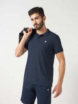 Technosport - Men Navy Blue Solid Slim Fit Sports Polo T-Shirt