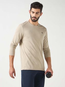 Technosport - Men Beige Melange Slim Fit Double Cool Round Neck Sports T-Shirt