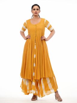 Shruti S - Yellow Tie Dye Kalidaar With Skirt (Set of 2)