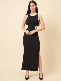 AAYU - Women Black Round Neck Side Slit Cut Bodycon Dress